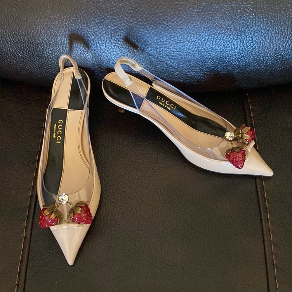 Gucci women’s crystal embellished cherry GG logo sling back pumps heels NWB - Picture 3 of 13